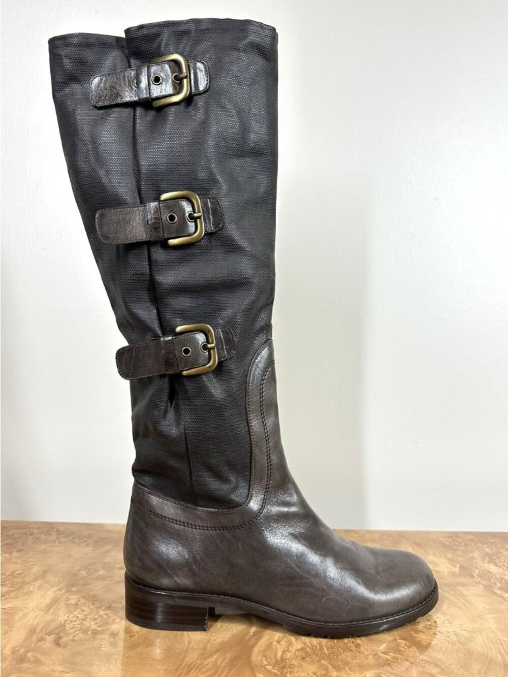 Stuart Weitzman Ludlow Brown Leather Canvas Buckle Riding Boots Women’s 7 M
